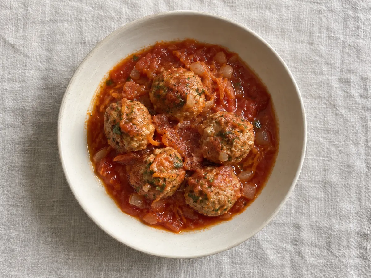Turkey meatballs in tomato sauce, seen from above