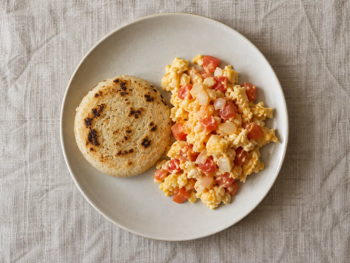 Small arepa with perico scrambled eggs, seen from above