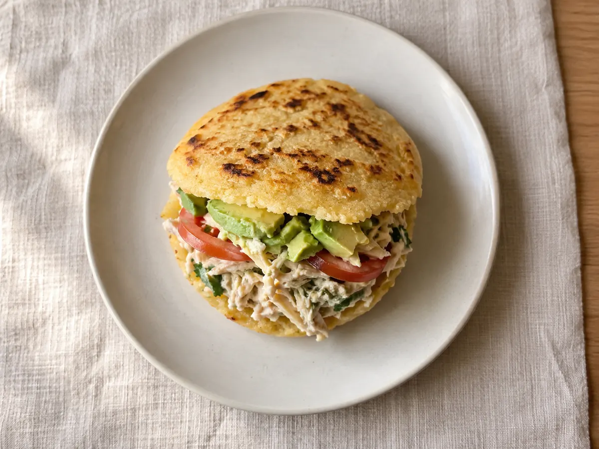 Arepa stuffed with shredded chicken and avocado, seen from above
