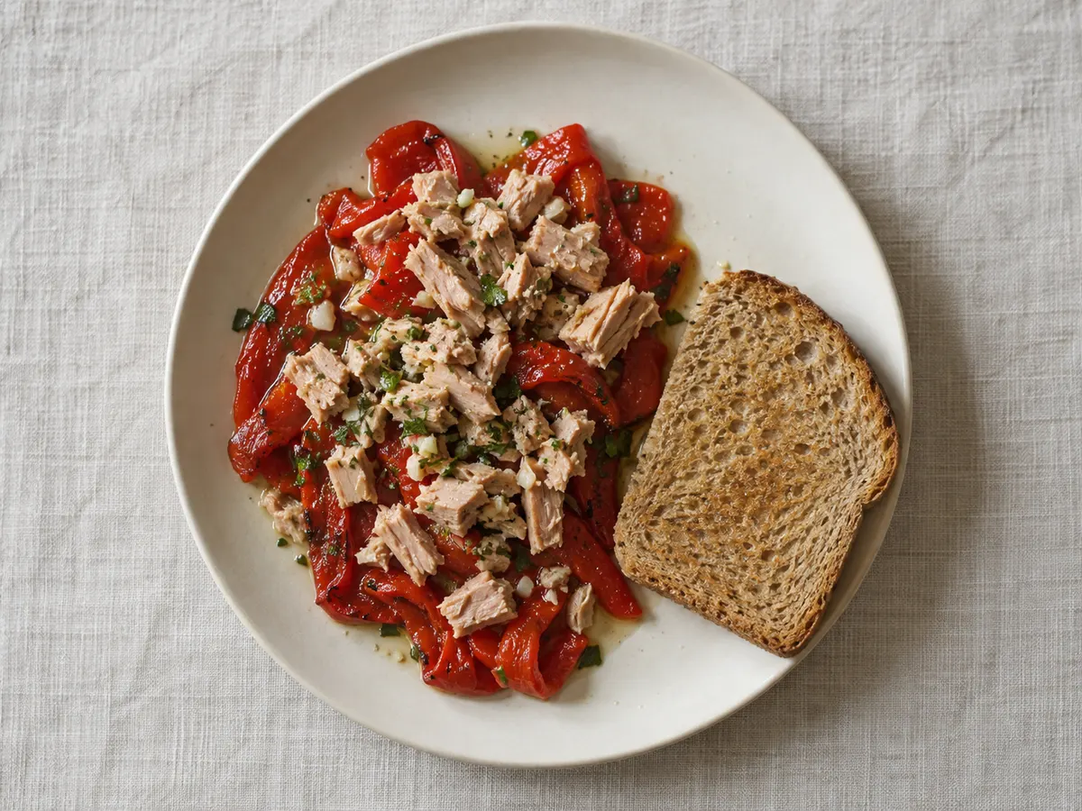 Tuna with roasted red peppers, seen from above