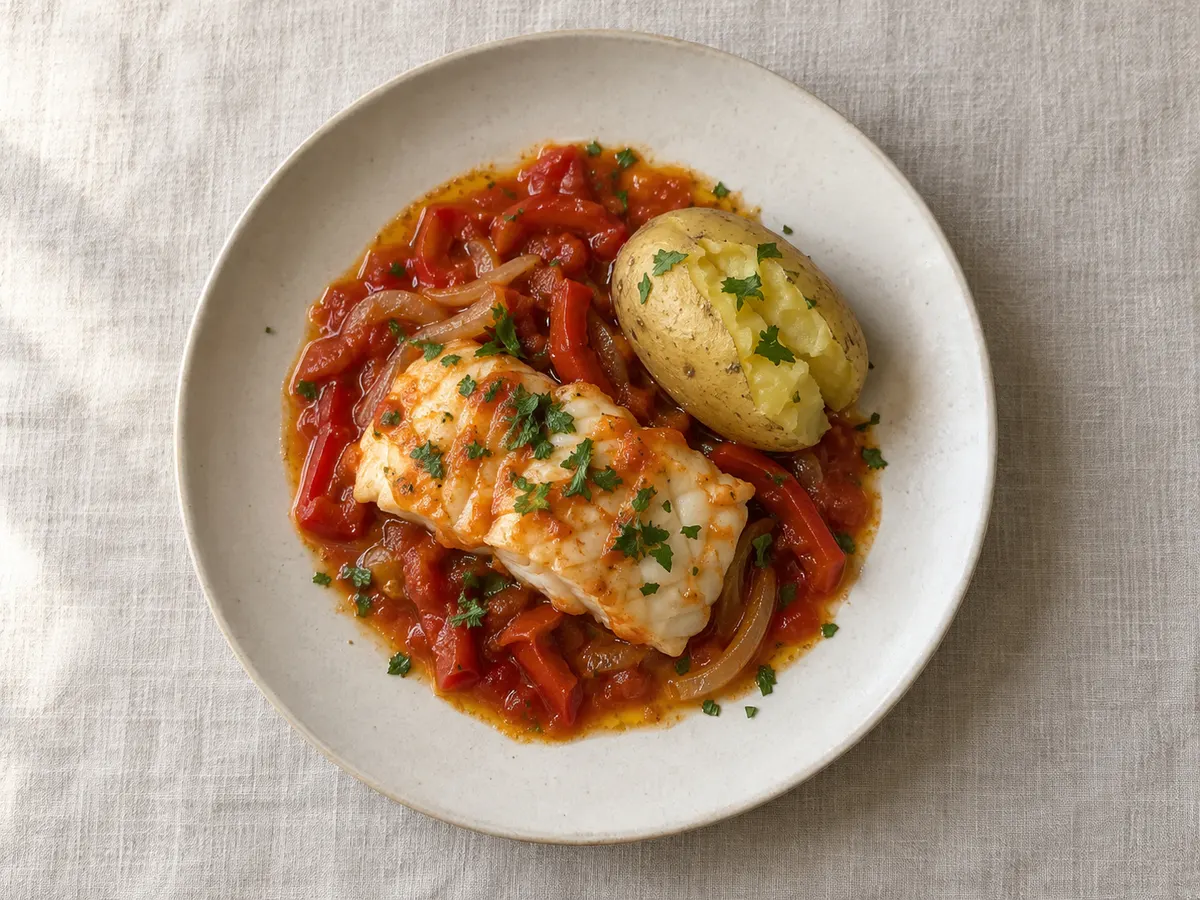 Fresh cod with tomato sauce and potato, seen from above
