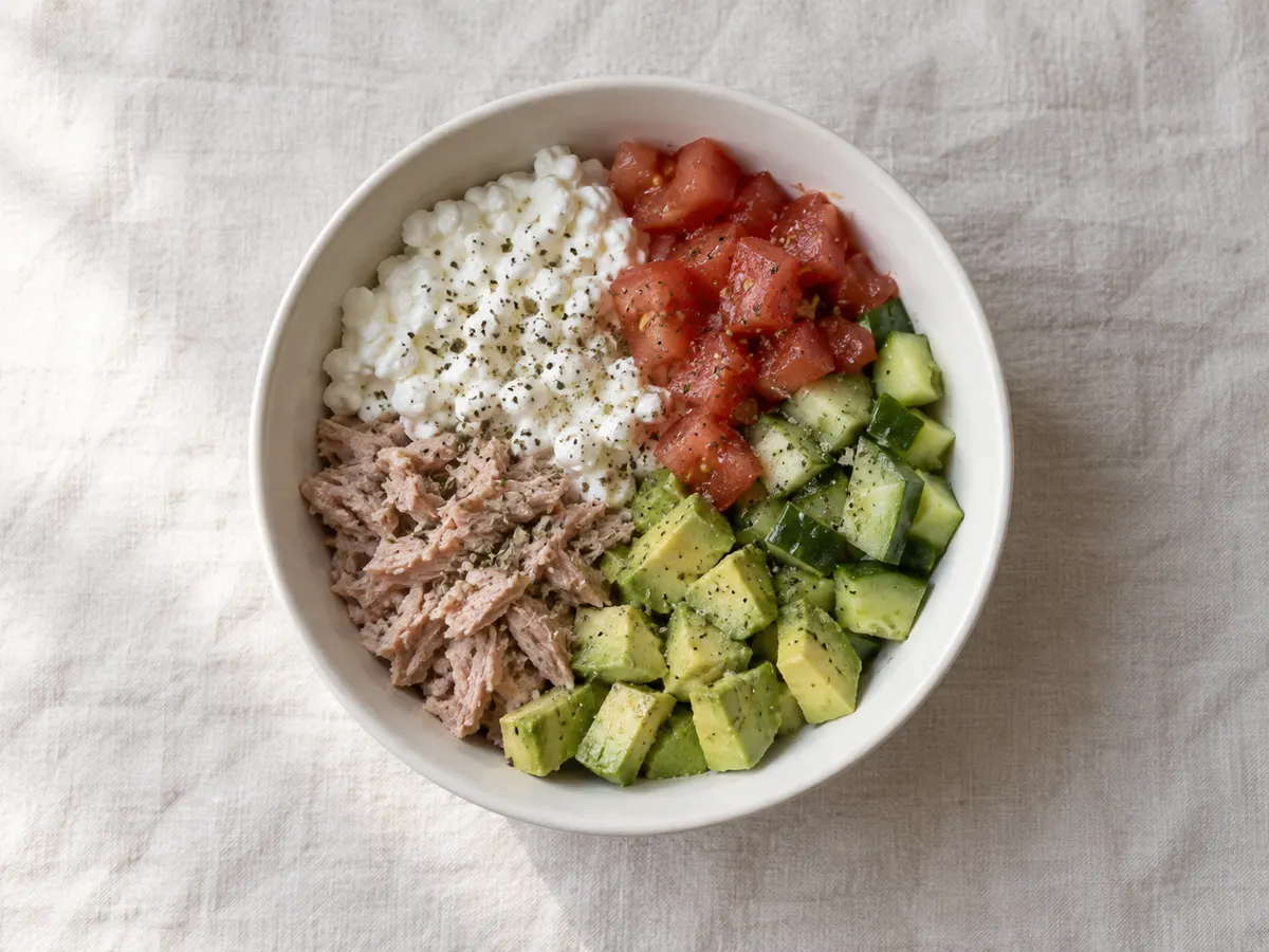 Cottage cheese bowl with tuna, tomato, and avocado, seen from above