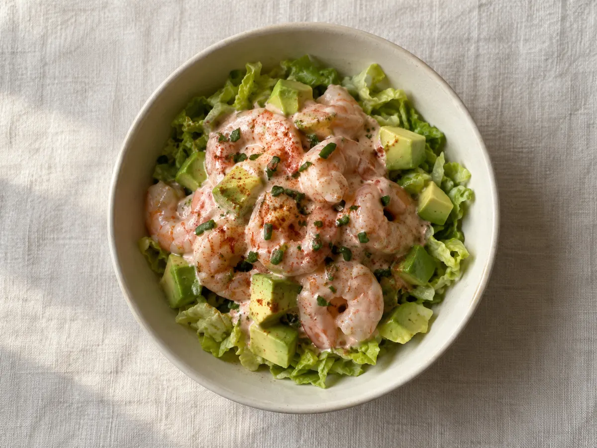 Shrimp cocktail with pink yogurt sauce, seen from above