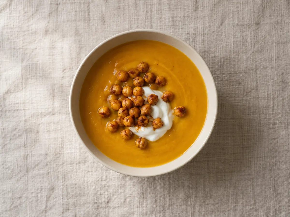 Pumpkin soup with crispy chickpeas and yogurt, seen from above