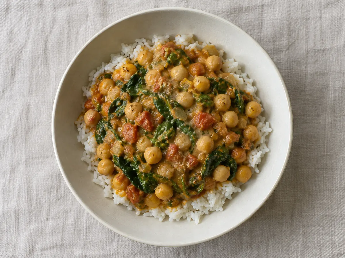 Mild chickpea and spinach curry, seen from above