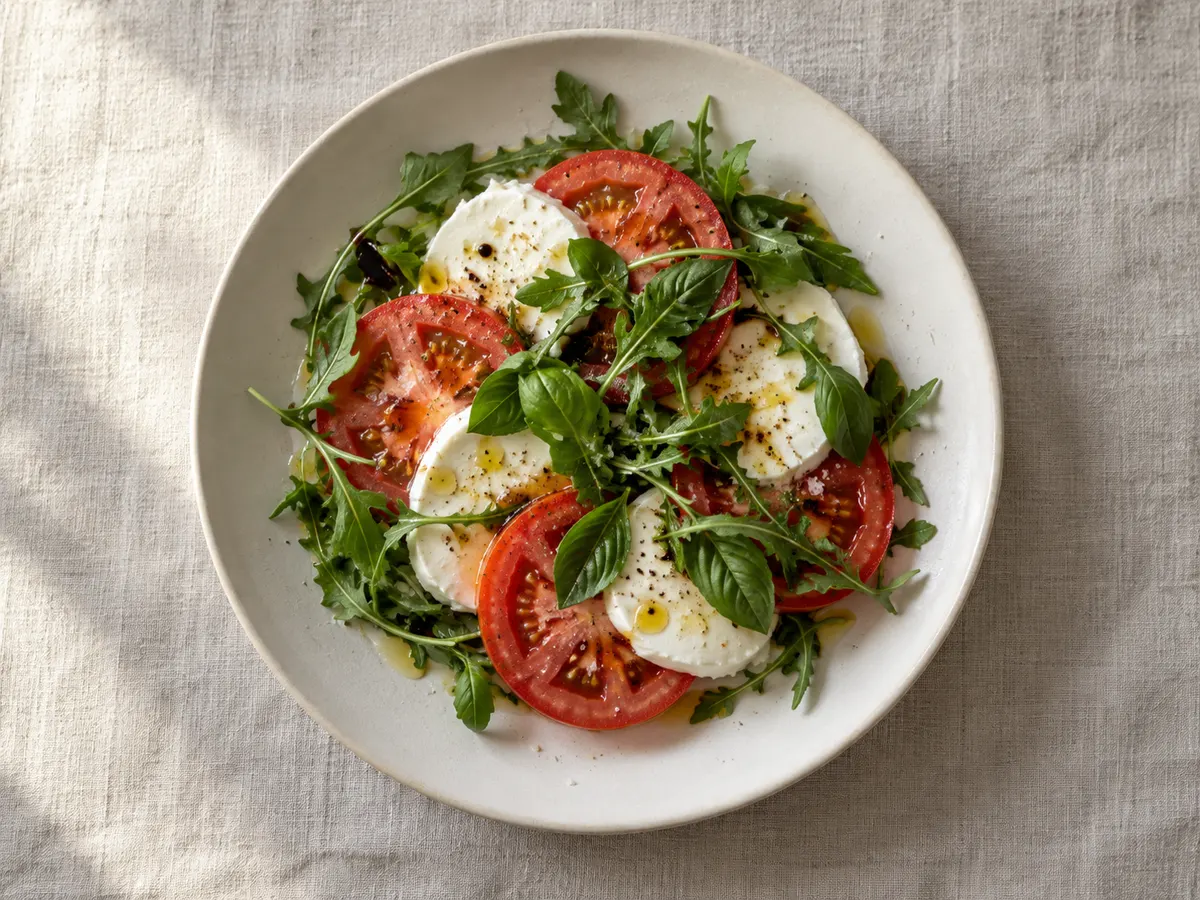 Caprese salad with mozzarella and arugula, seen from above