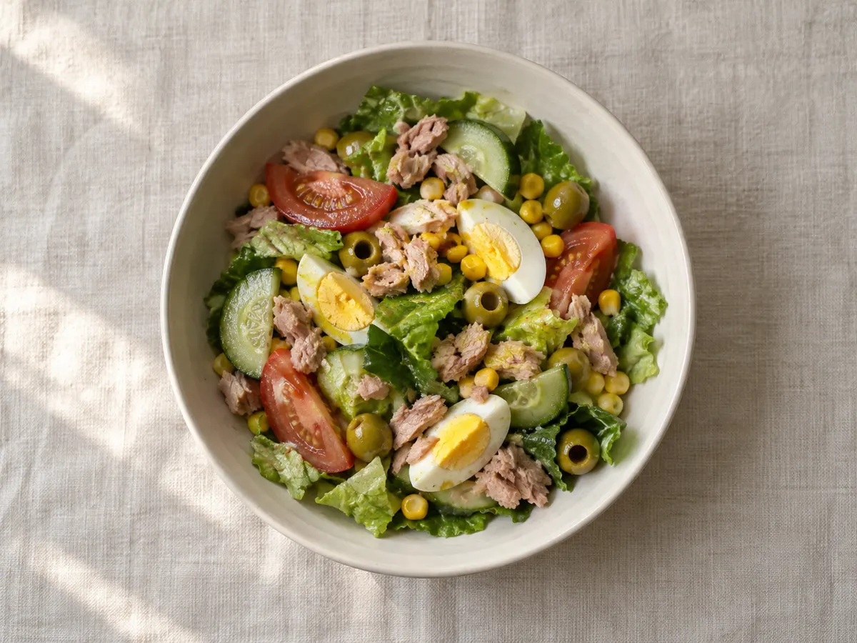 Tuna salad with egg and corn, seen from above