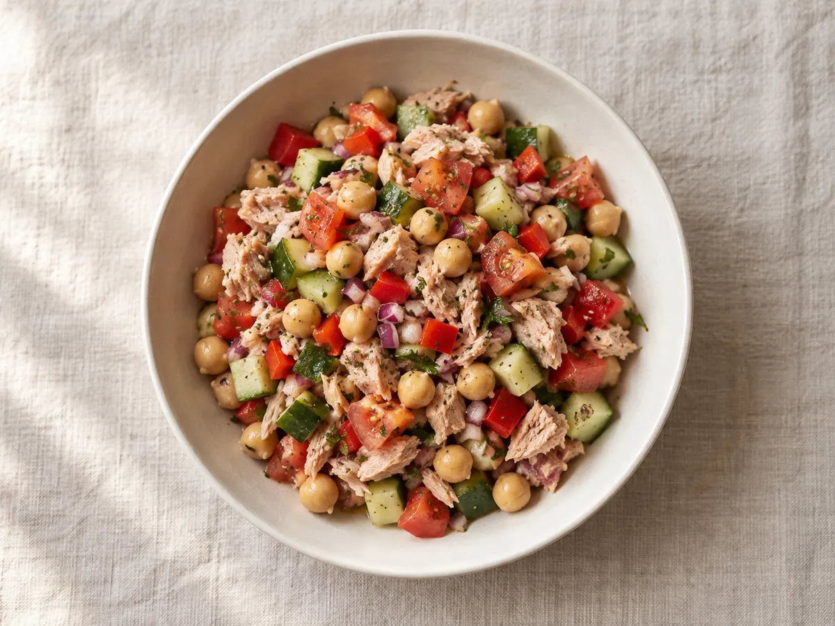 Chickpea and tuna salad, seen from above