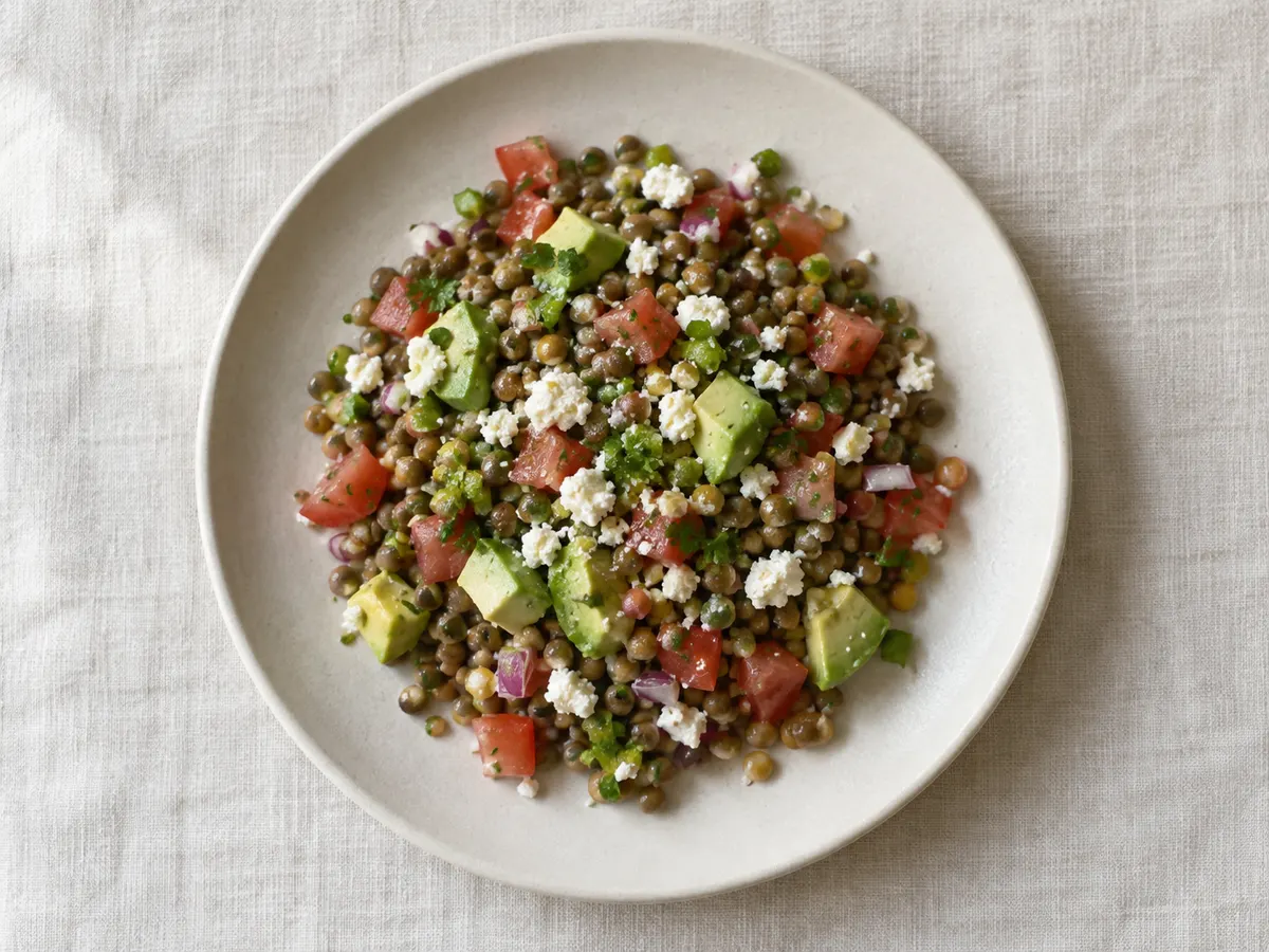 Lentil salad with pico de gallo and queso fresco, seen from above