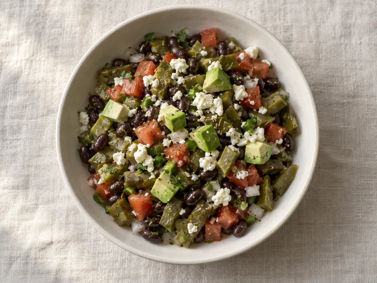 Nopales salad with black beans and queso fresco, seen from above