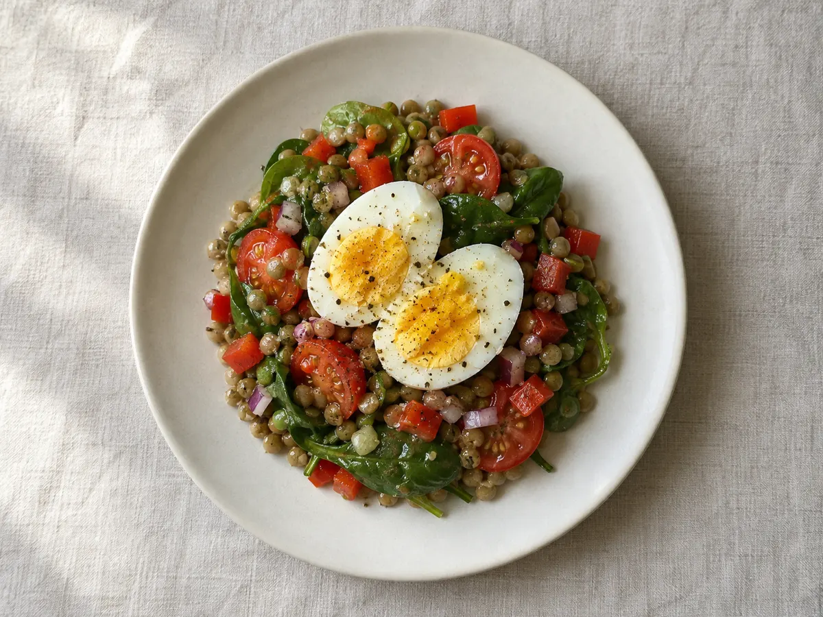 Warm lentil salad with egg, seen from above