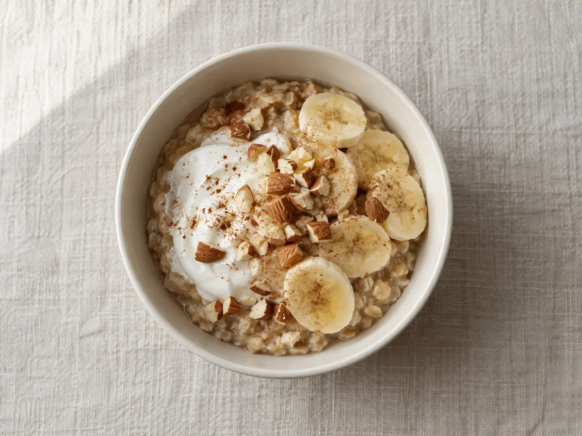Oatmeal with Greek yogurt and banana, seen from above