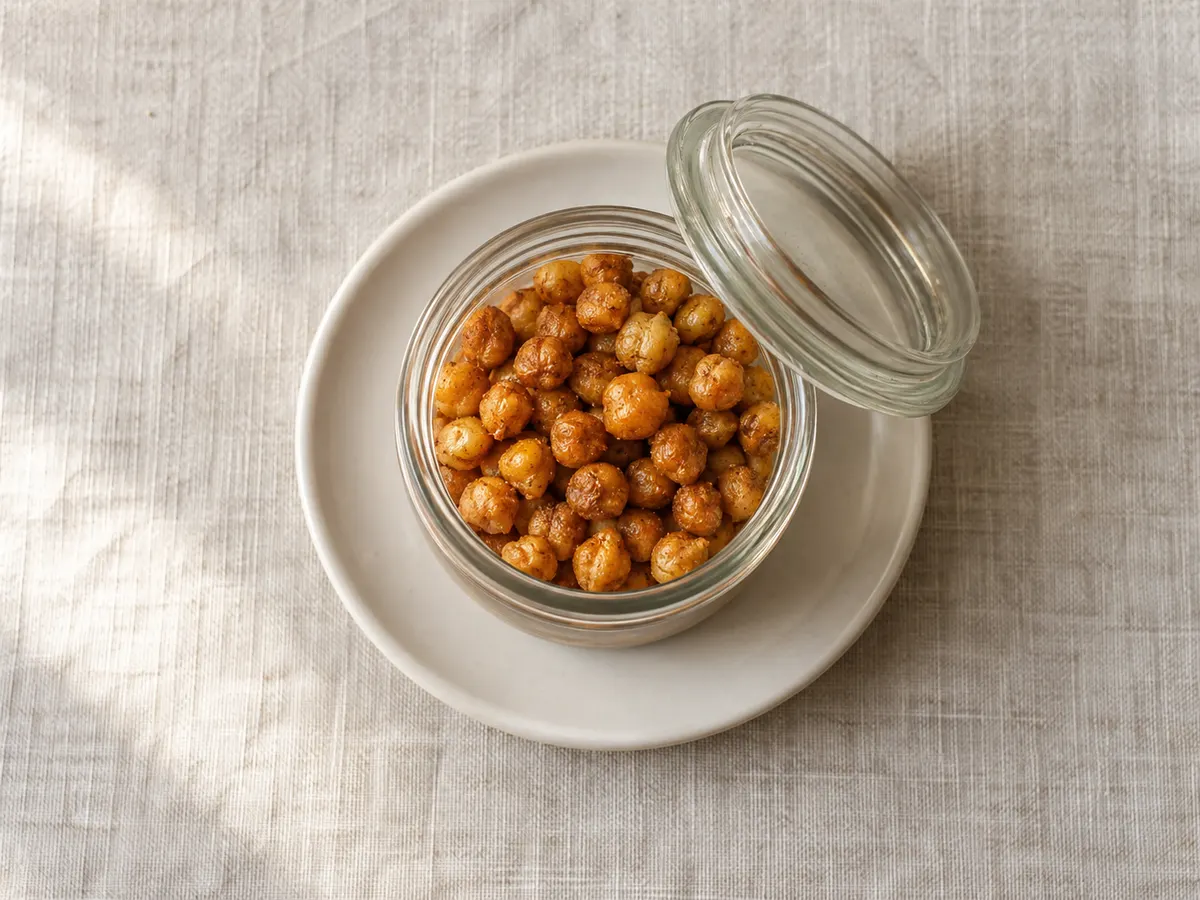 Crispy oven-roasted chickpeas, seen from above
