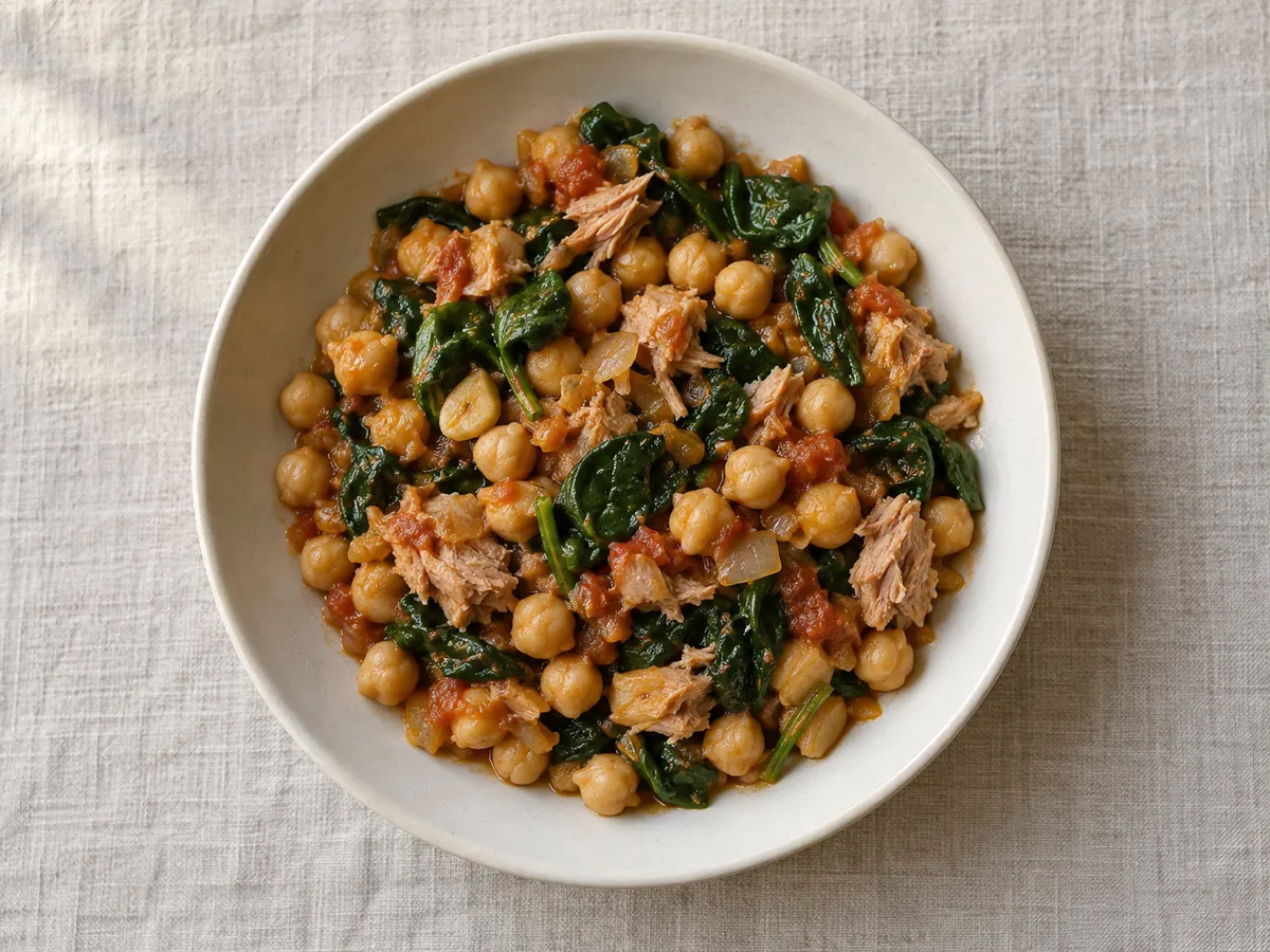 Sautéed chickpeas with spinach and tuna, seen from above