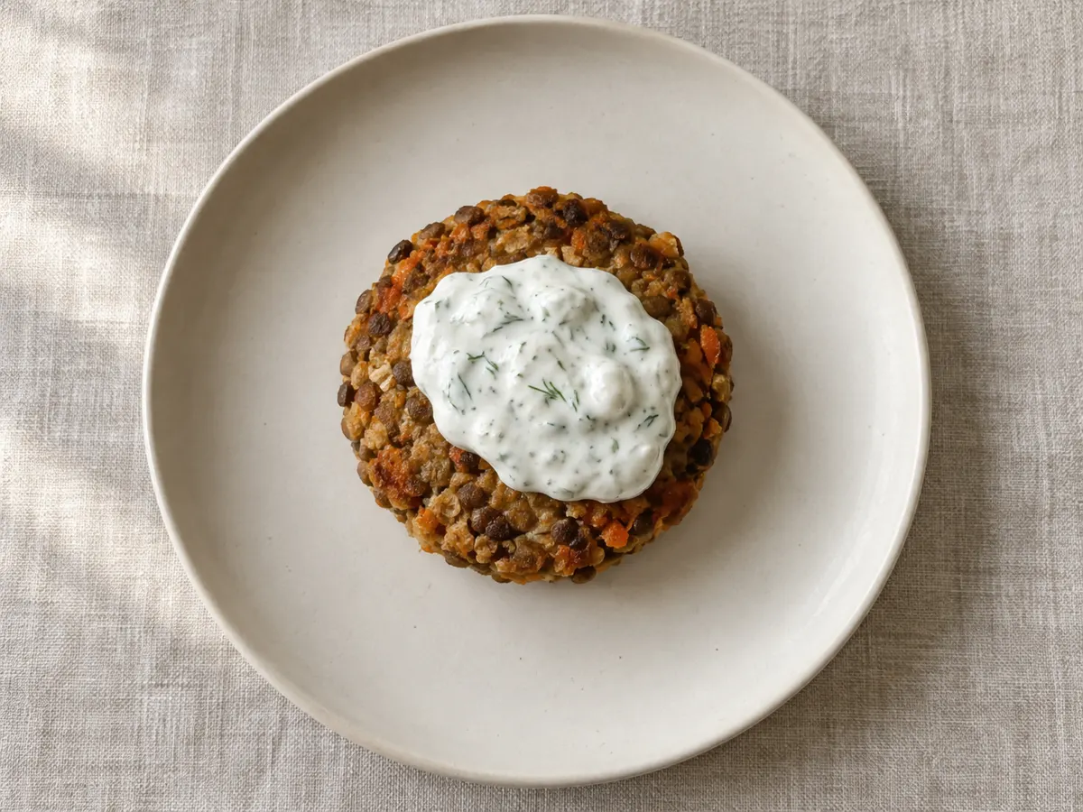 Baked lentil burgers with yogurt sauce, seen from above