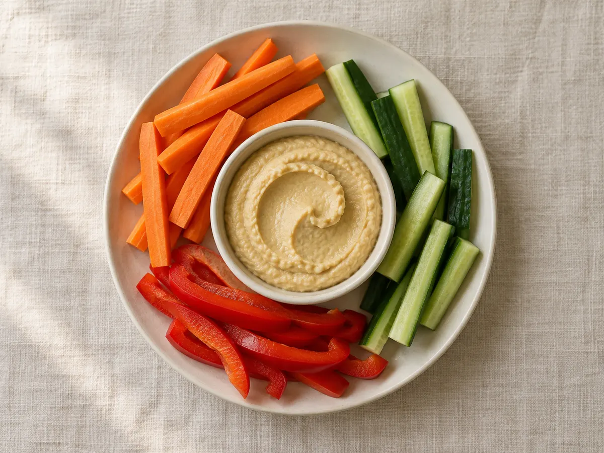 Hummus with vegetable sticks, seen from above