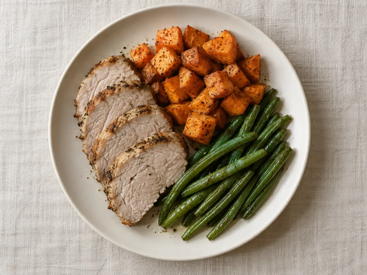 Roast pork loin with sweet potato and green beans, seen from above