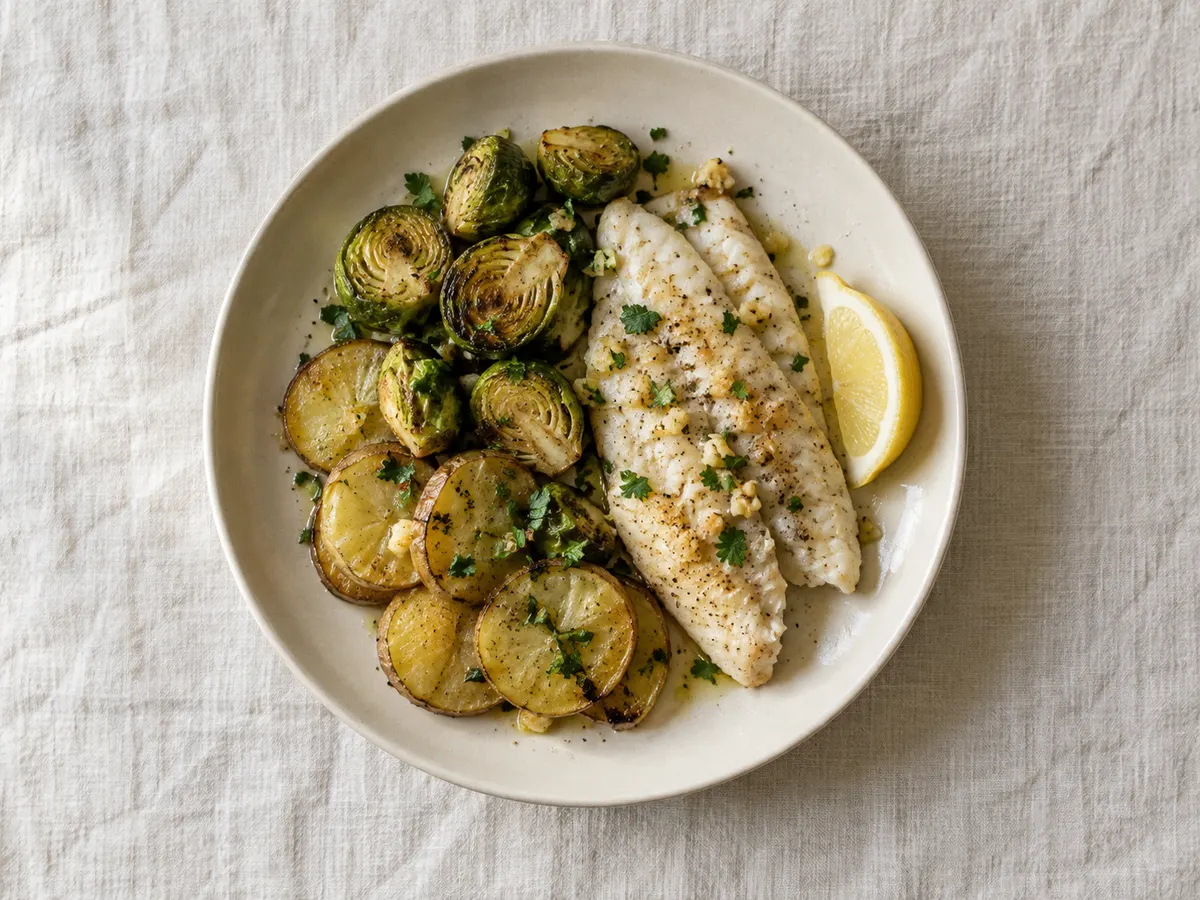 Baked sea bass with Brussels sprouts and potatoes, seen from above
