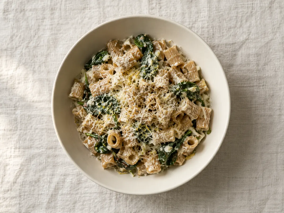 Whole-wheat pasta with ricotta, spinach, and lemon, seen from above