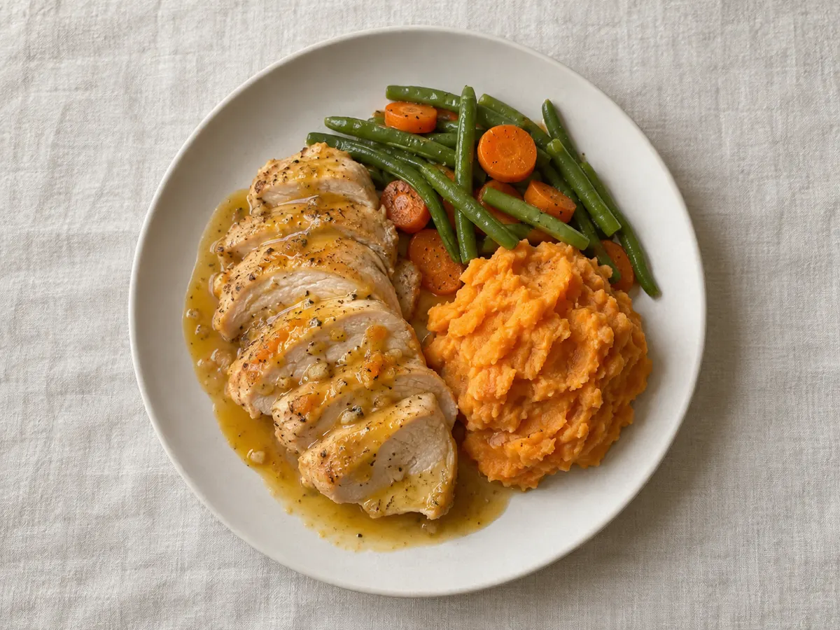 Turkey breast in orange sauce with mashed sweet potatoes, seen from above