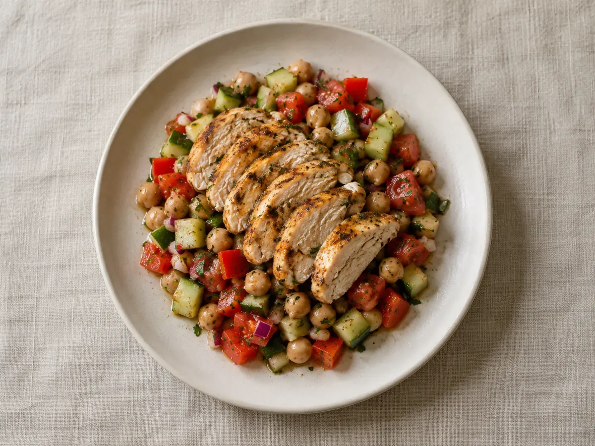 Grilled chicken breast with chickpea salad, seen from above