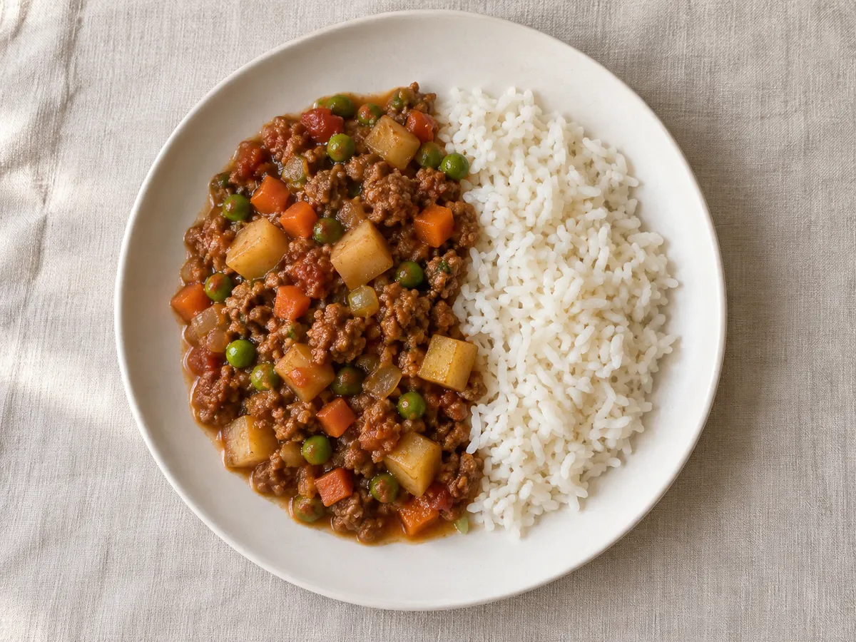 Lean beef picadillo with vegetables, seen from above
