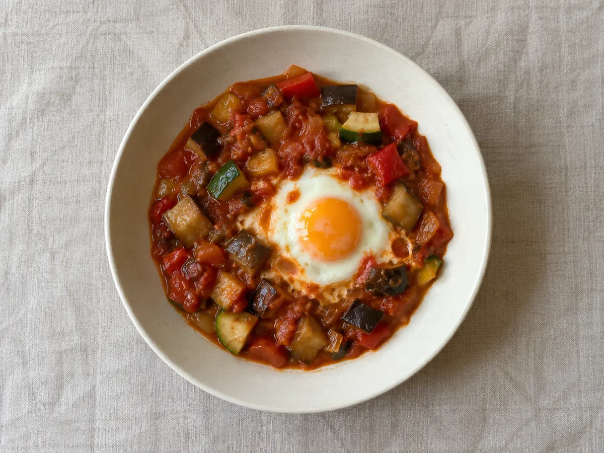 Spanish vegetable pisto with eggs, seen from above