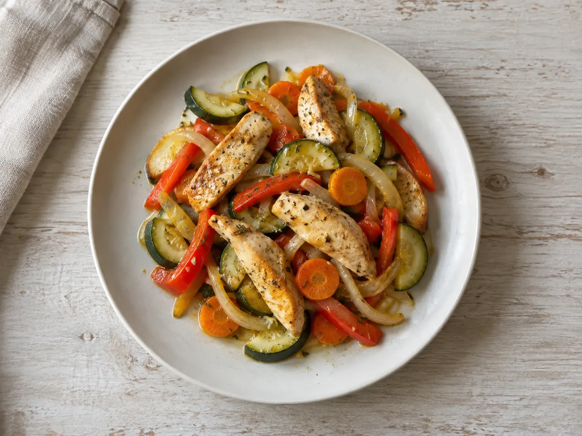 Lemon chicken with sautéed vegetables, seen from above