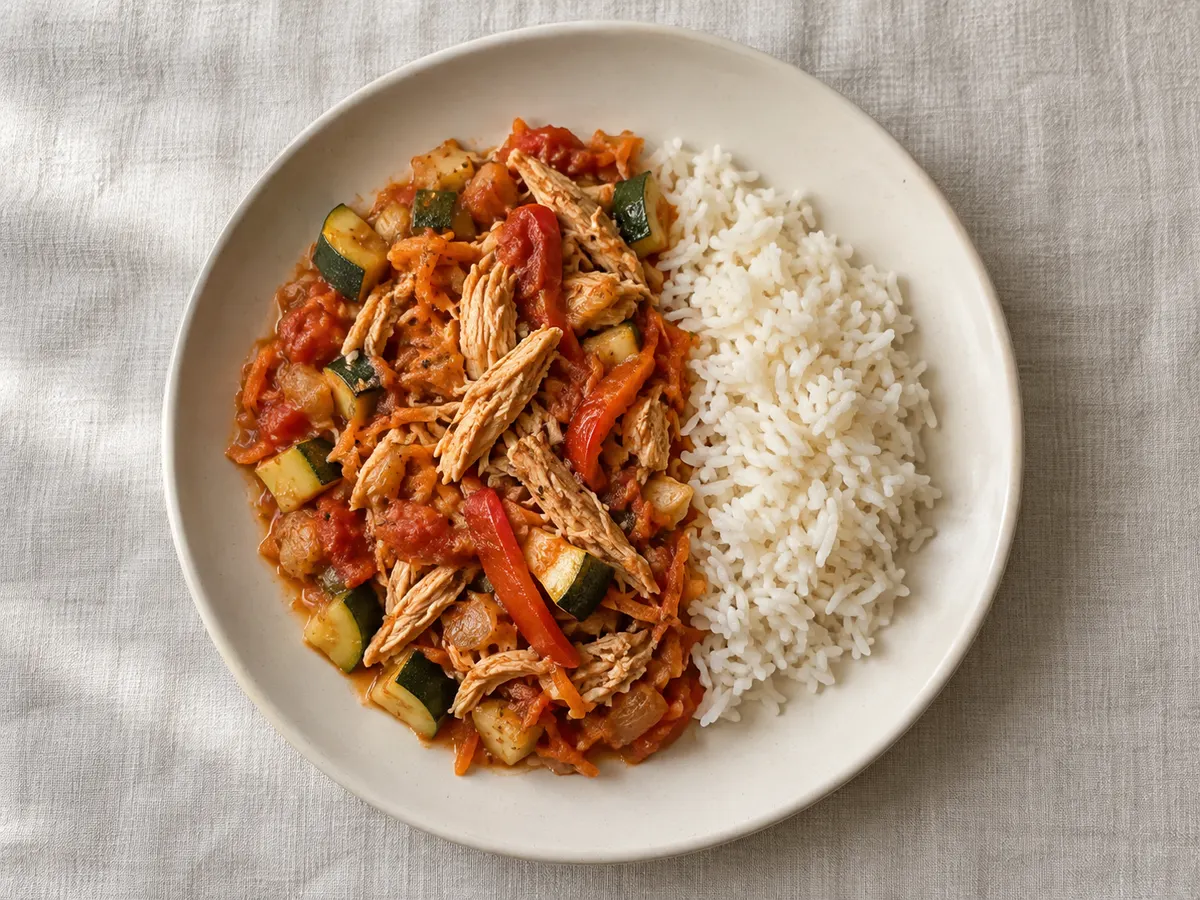 Shredded chicken with vegetables and rice, seen from above