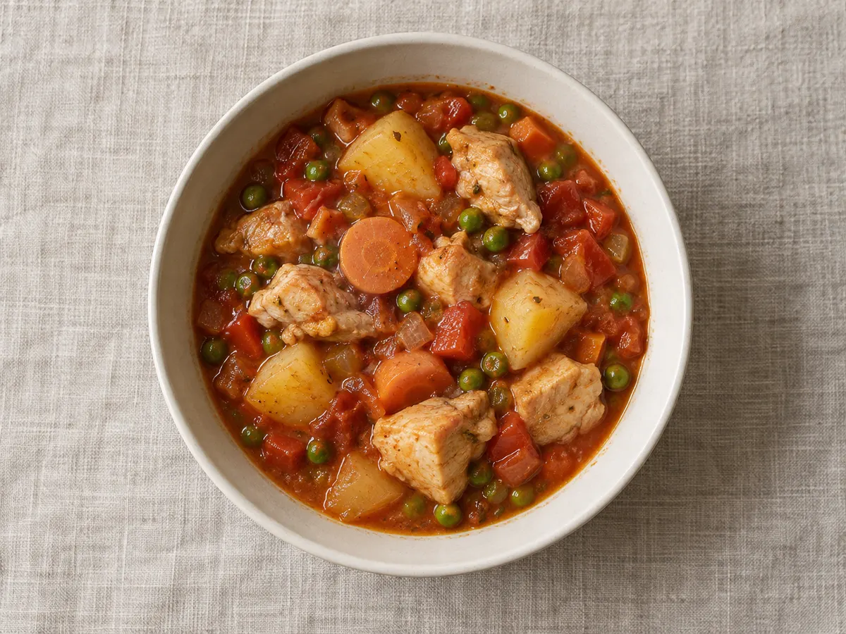 Chicken stew with potato and vegetables, seen from above