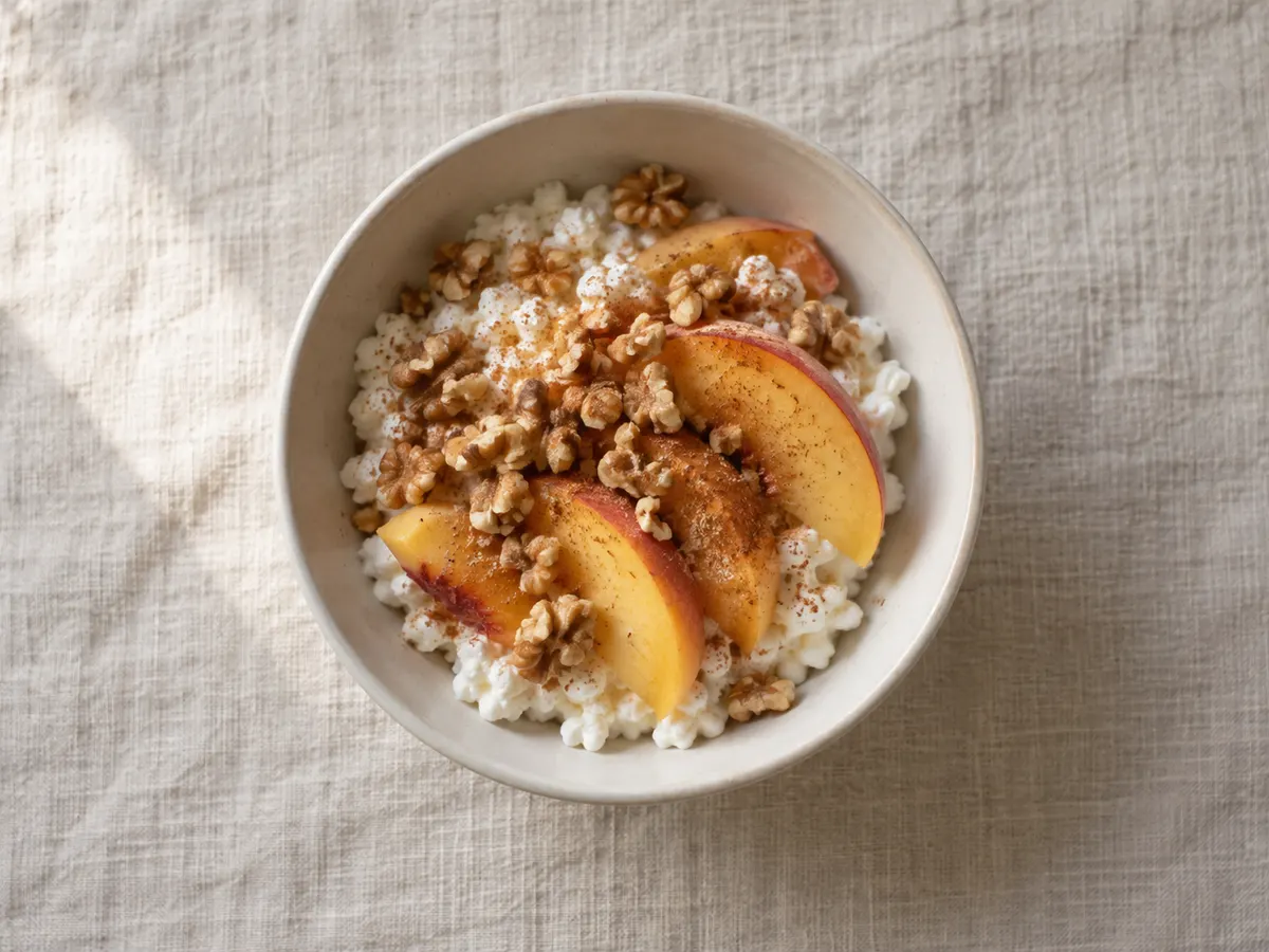 Cottage cheese with peach and walnuts, seen from above