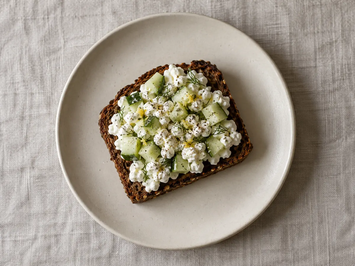 Cottage cheese with cucumber and dill, seen from above