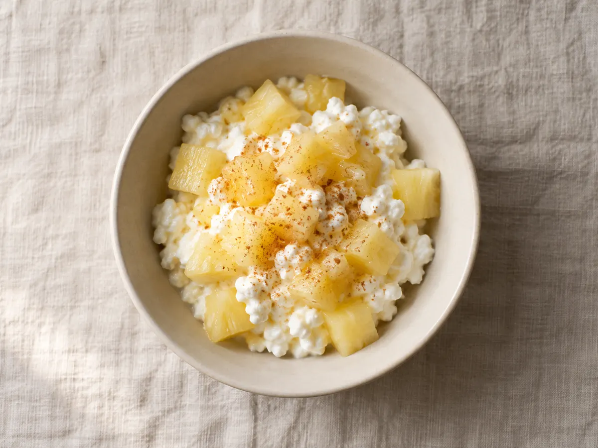 Cottage cheese with pineapple, seen from above