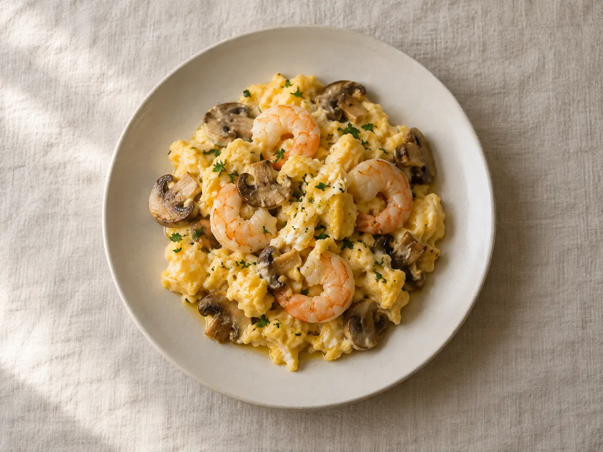 Scrambled eggs with mushrooms and shrimp, seen from above