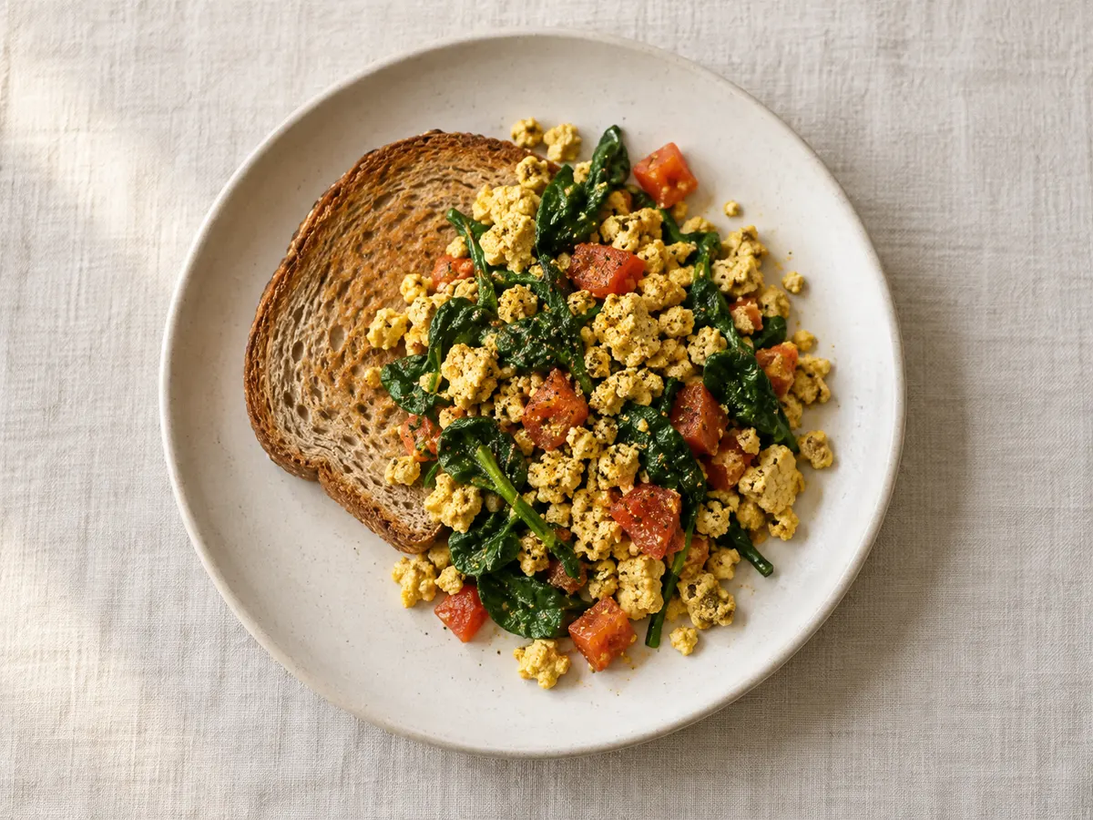 Tofu scramble with spinach and tomato, seen from above