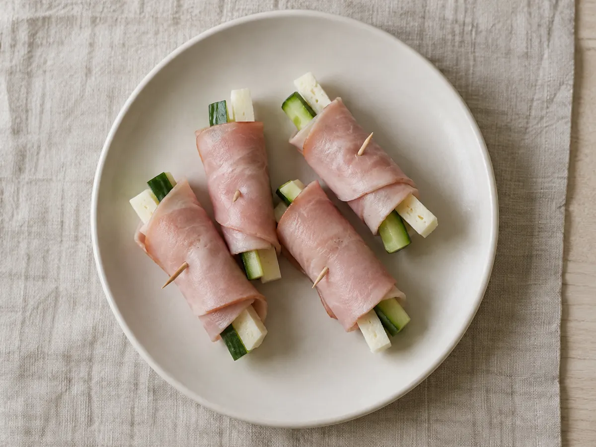 Ham roll-ups with queso fresco and cucumber, seen from above