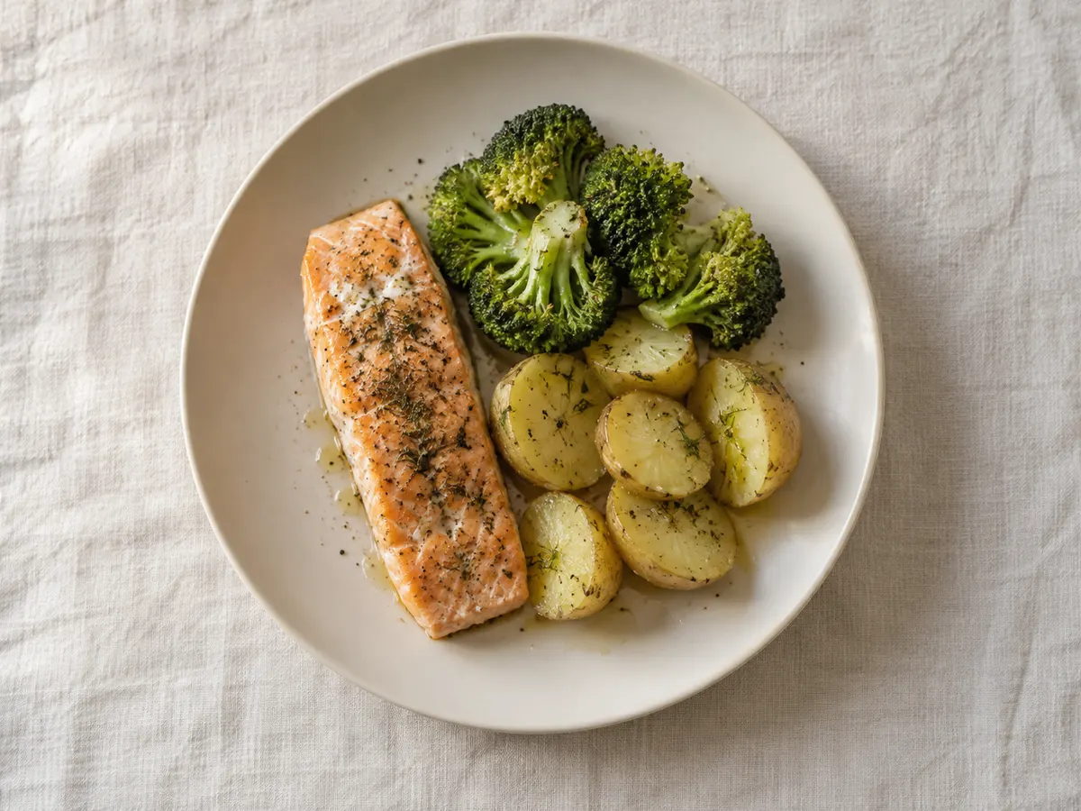 Baked salmon with broccoli and potato, seen from above