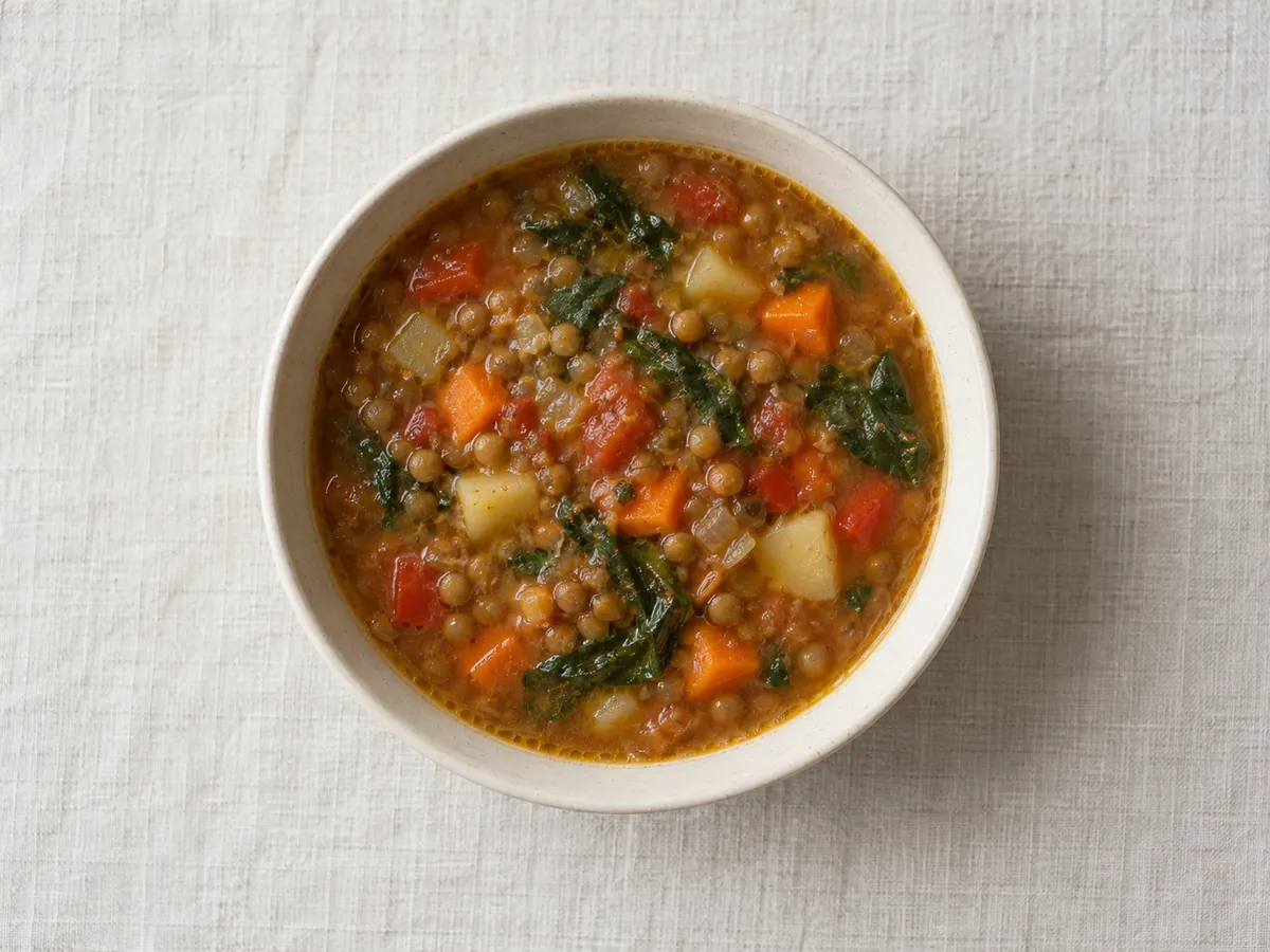 Lentil and vegetable soup, seen from above