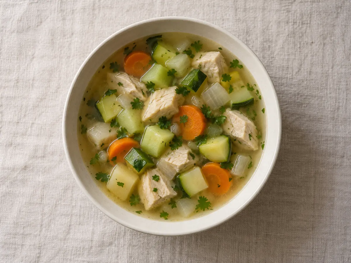 Chicken and vegetable soup, seen from above