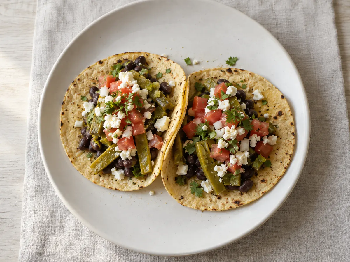Nopal and black bean tacos with queso fresco, seen from above