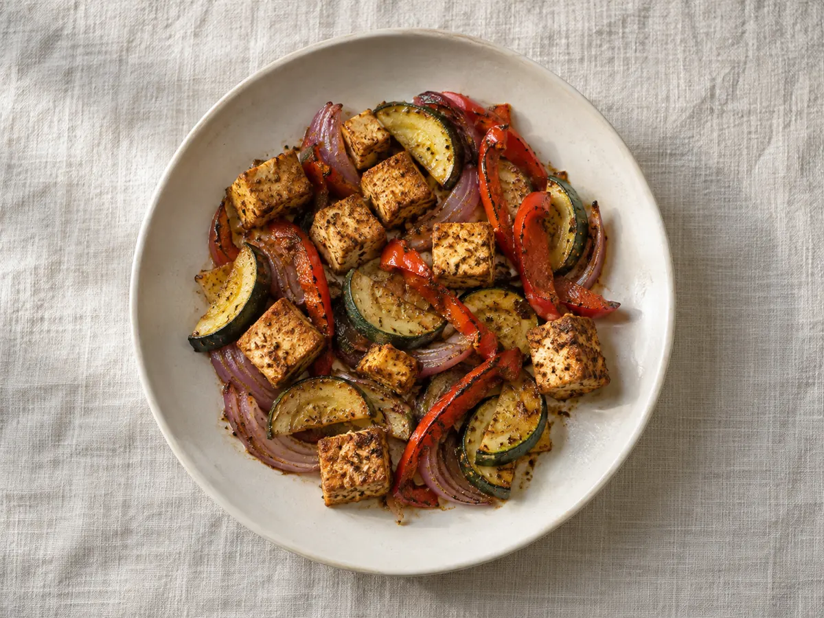 Baked tofu with paprika and vegetables, seen from above