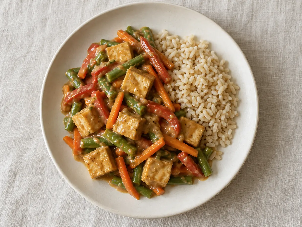 Tofu with peanut sauce and vegetables, seen from above