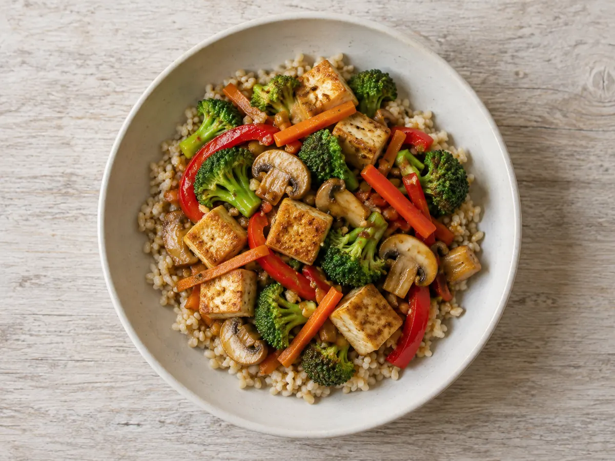 Stir-fried tofu with vegetables and brown rice, seen from above