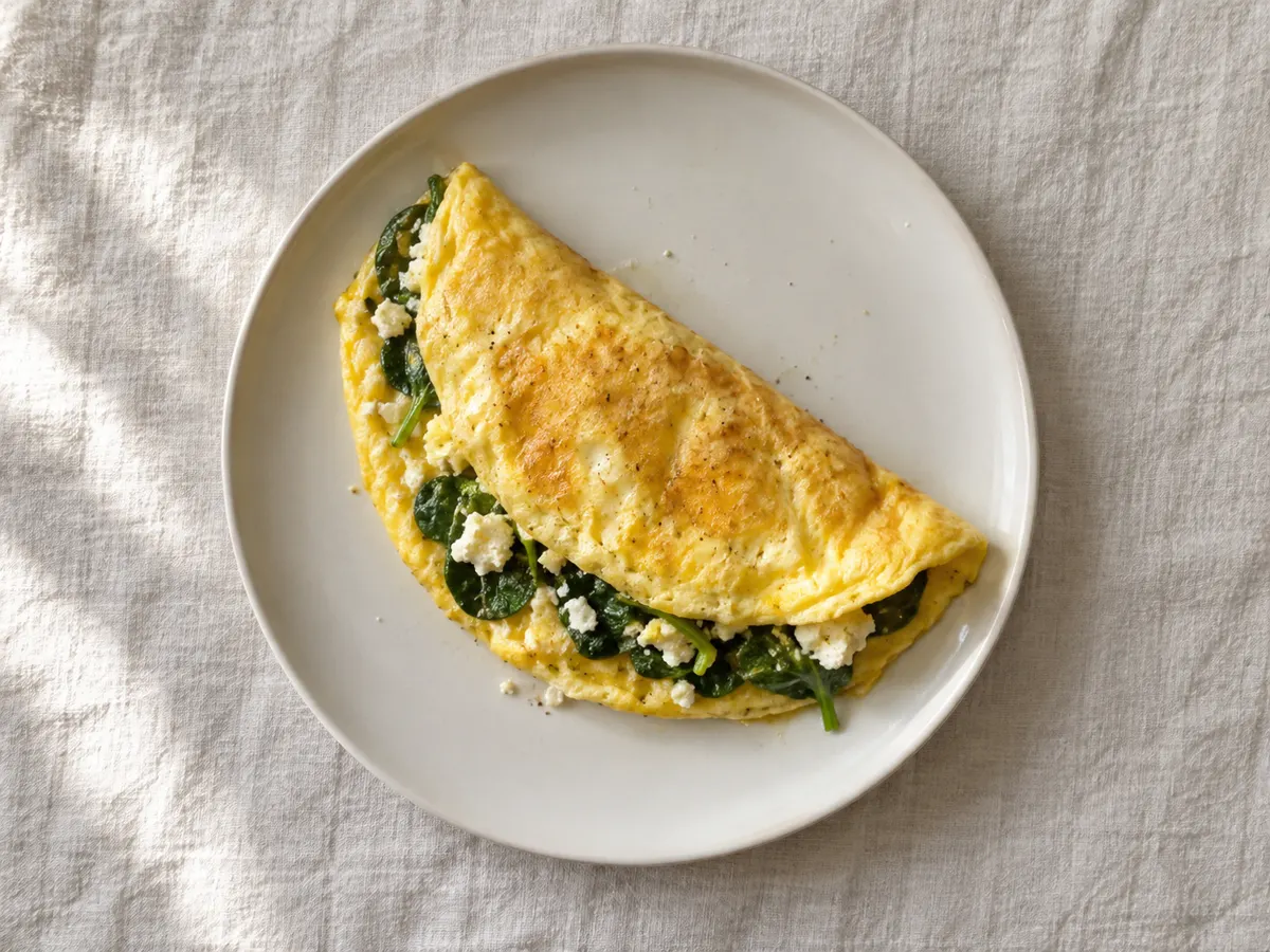French omelet with spinach and queso fresco, seen from above