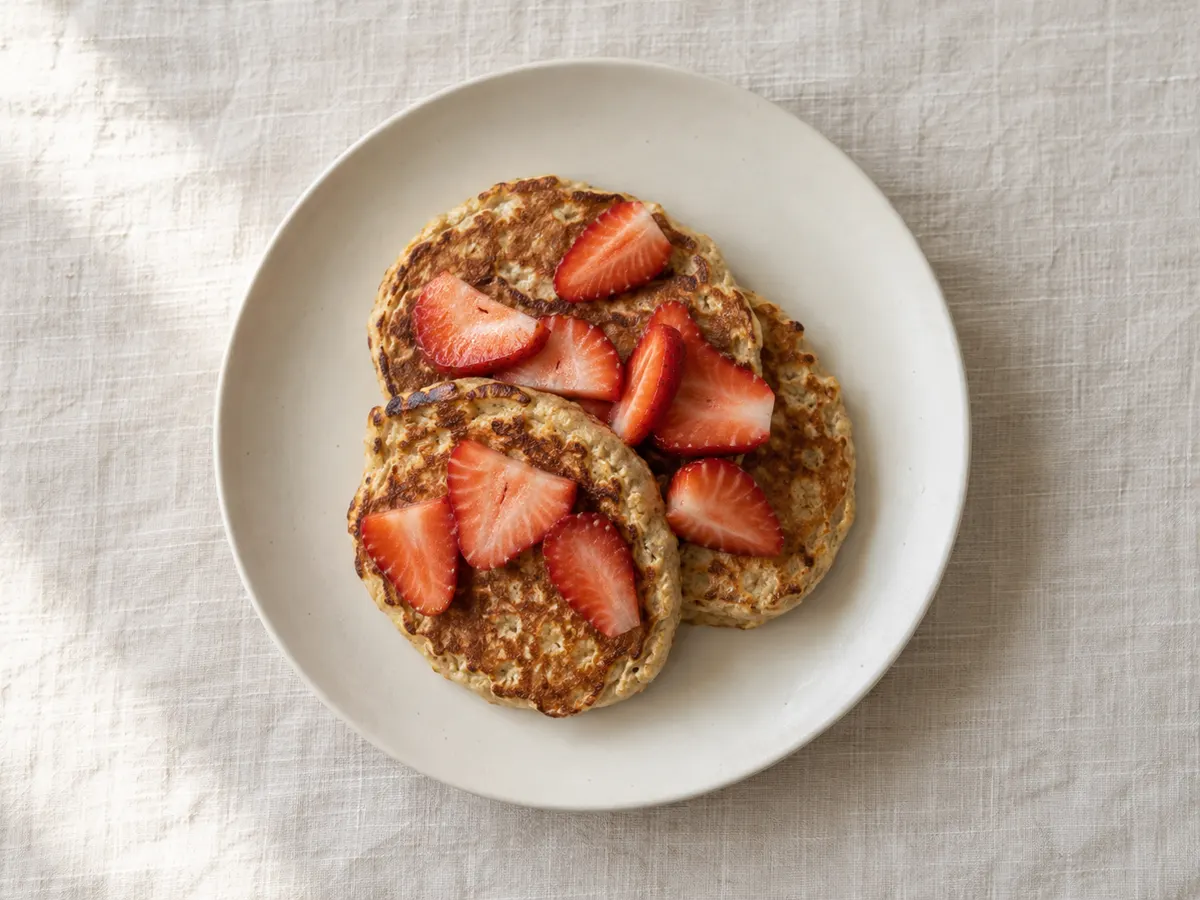 Cottage cheese and oat pancakes with strawberries, seen from above
