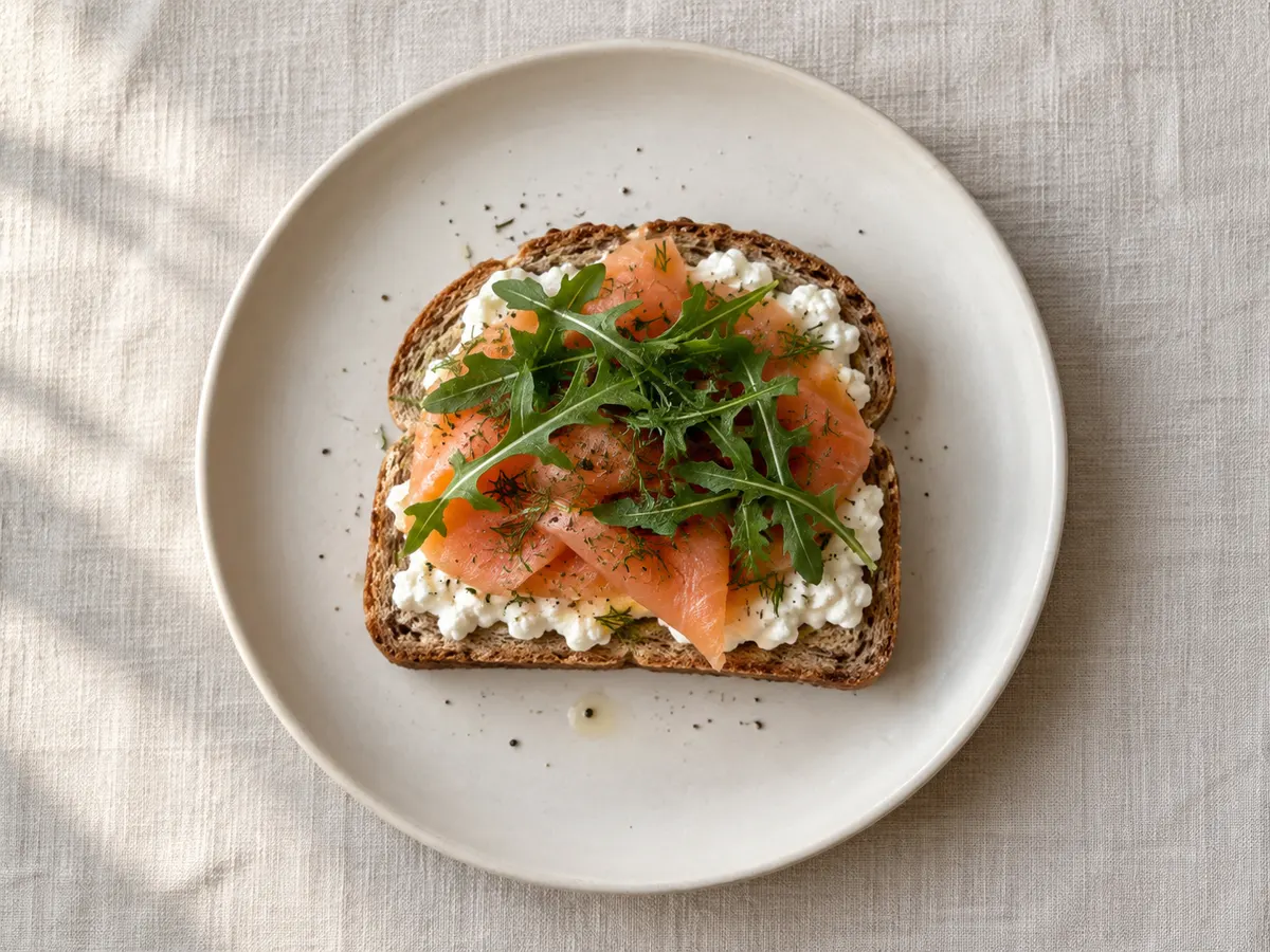 Cottage cheese toast with smoked salmon, seen from above
