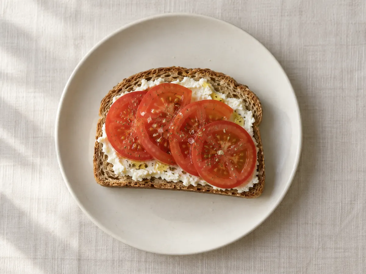 Whole-wheat toast with ricotta and tomato, seen from above