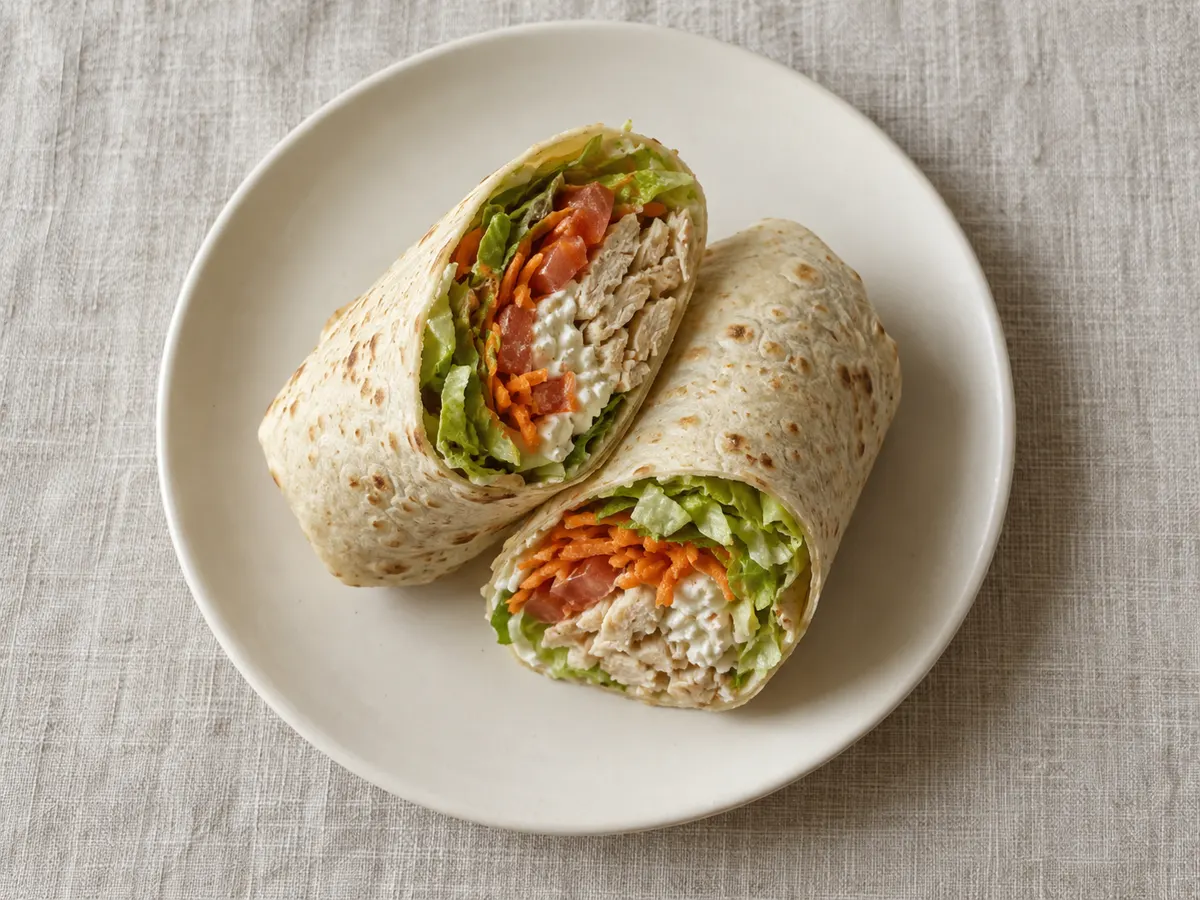 Chicken wrap with cottage cheese and vegetables, seen from above