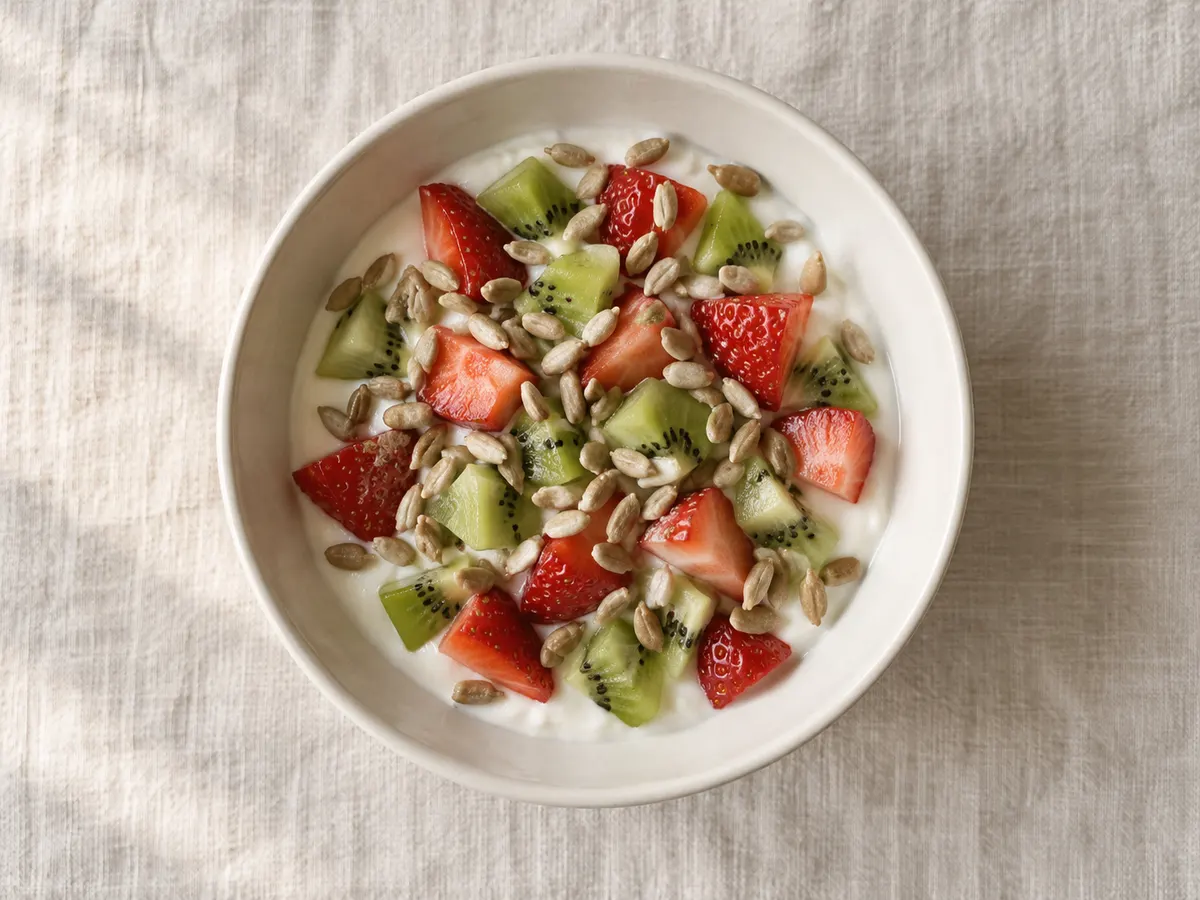 Greek yogurt with fruit and seeds, seen from above
